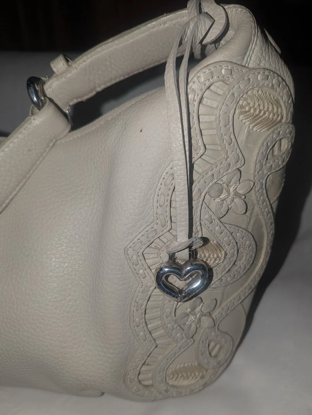 Brighton Off White Nikki Leather Shoulder Bag with Floral  Applique Heart Charm